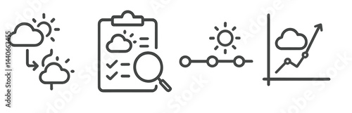 Weather analysis process with icons depicting data collection and forecasting methods in a clear layout
