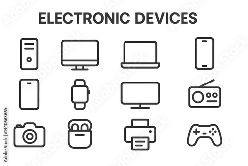 Collection of electronic devices illustrated in simple black line art on a white background showcasing modern technology essentials