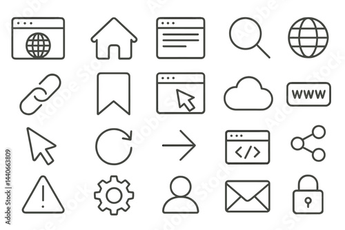 Collection of digital icons representing web navigation and communication elements in a minimalistic design style