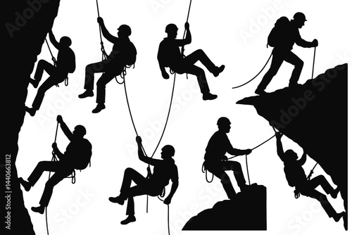 Silhouettes of climbers ascending rock faces during a daytime climbing expedition