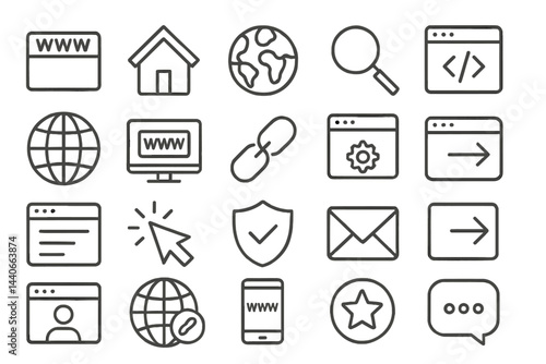Collection of simple website icons illustrating various online activities and elements in black and white design