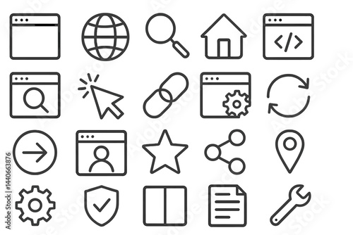 Collection of website icons representing various online activities and functions in a minimalist style
