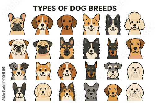 Diverse collection of popular dog breeds illustrated in a colorful and engaging style