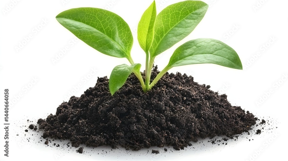 Young Green Plant Growing from Dark Rich Soil Isolated on a White Background Young Green Plant Growing from Dark Rich Soil Isolated on a White Background