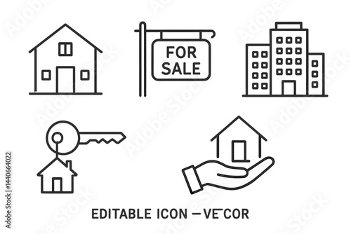 Real estate icons illustrating home sales, property ownership, and key exchange in a minimalist design