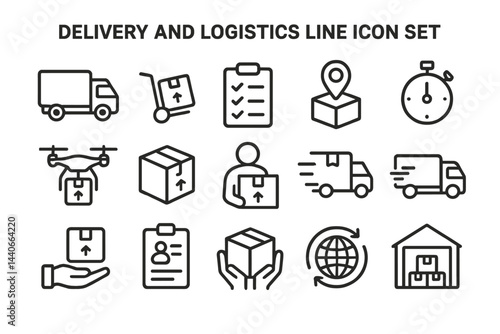 Delivery and logistics icon set showcasing various elements of shipping, transporting goods, and managing deliveries