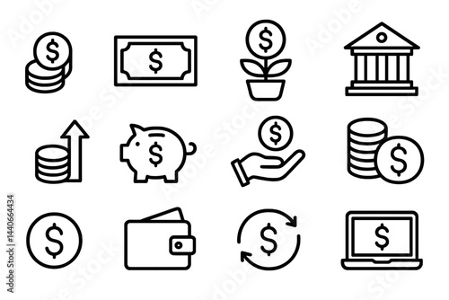 Illustrations of financial concepts including currency, banking, savings, and investments displayed in a neat grid arrangement