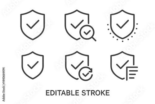 Collection of shield icons representing security and verification with editable stroke design elements