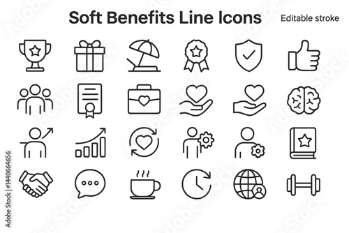 Collection of soft benefits line icons illustrating various concepts for modern work environments and employee wellness initiatives