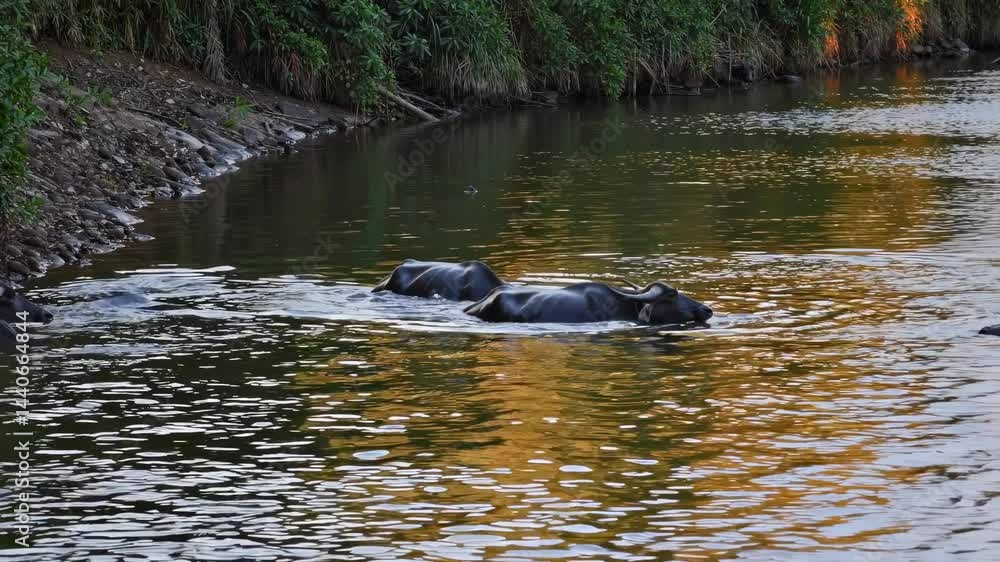 Buffaloes swimming in a tranquil river at sunset in rural surroundings with lush greenery Buffaloes swimming in a tranquil river at sunset in rural surroundings with lush greenery