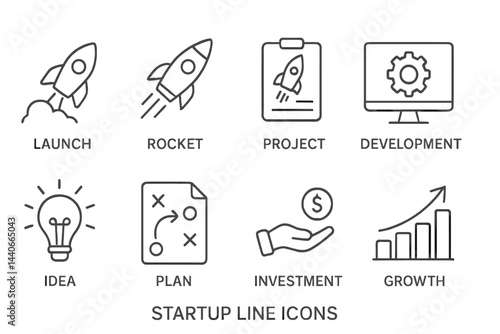 Visual representation of startup concepts with rockets, projects, and growth strategies in a modern design
