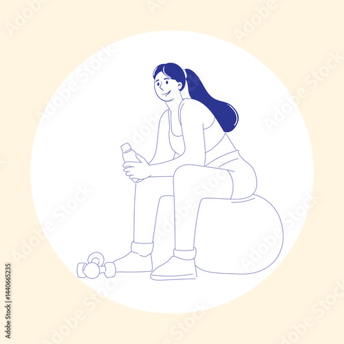Woman Taking a Break After Workout, Sitting on Fitness Ball and Holding a Water Bottle