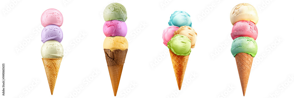 Set of Ice Cream Cone with Triple Scoops in Different Colors, Isolated on White or transparent background