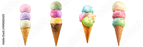 Obraz na płótnie Set of Ice Cream Cone with Triple Scoops in Different Colors, Isolated on White or transparent background w salonie
