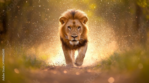 Lion Walking Directly Toward Camera in Nature Environment