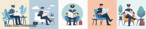 police character vector reading newspaper