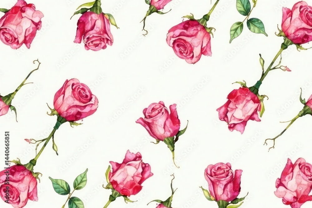 Fototapeta premium Delicate watercolor rosebuds in repeating pattern , seamless pattern, red