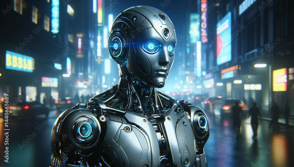 futuristic intelligent robot standing in a cyberpunk city, glowing blue eyes futuristic intelligent robot standing in a cyberpunk city, glowing blue eyes
