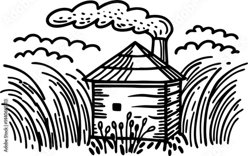 rustic cottage illustration with smoking chimney and tall grasses in black and white