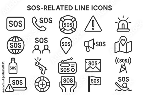 SOS-related line icons representing distress signals and emergency communication methods in a simple design
