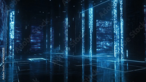 Futuristic blue digital data center with glowing lines and code.