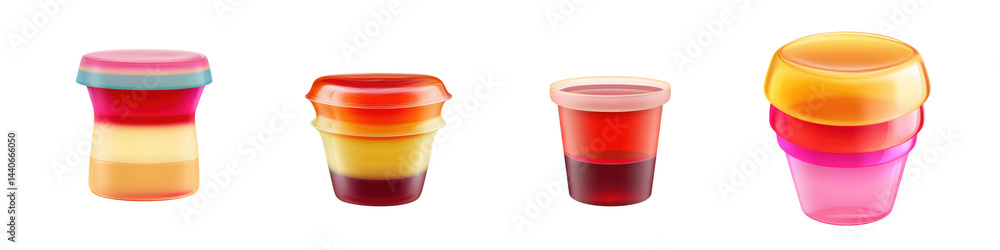 Set of Jelly Cup with Layered Colors, Realistic 3D Style, on White or transparent background
