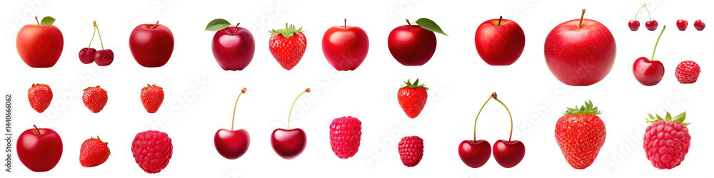 Set of Red Fruits, Apple, Cherry, Strawberry, Raspberry, on White or transparent background