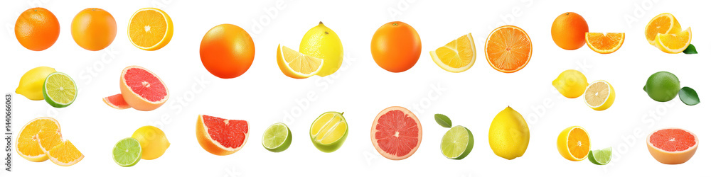 Set of Citrus Fruits Orange, Lemon, Lime, Grapefruit, on White or transparent background