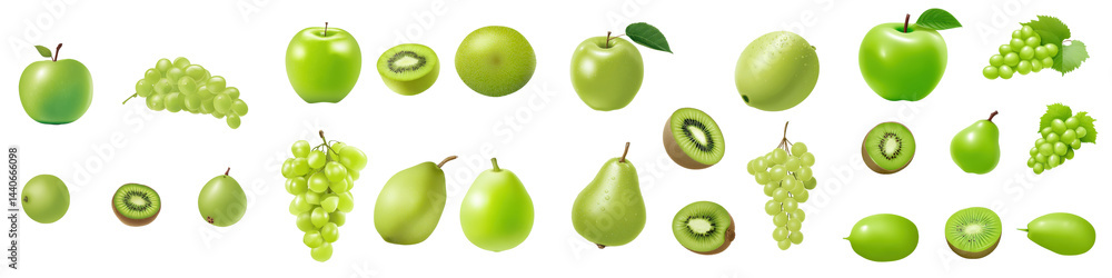 Set of Green Fruits, Green Apple, Kiwi, Grapes, Guava, on White or transparent background