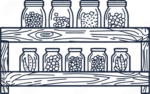 Jars of preserved goods on wooden shelf mason jars filled with dried beans, grains, seeds