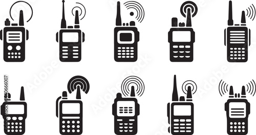 Illustration of Walkie Talkie Icon Set with Antenna and Signal Silhouette Vector for Communication, Technology, and Networking Designs