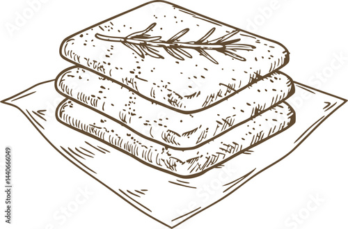 Stack of rosemary crackers on napkin hand drawn illustration of savory snacks