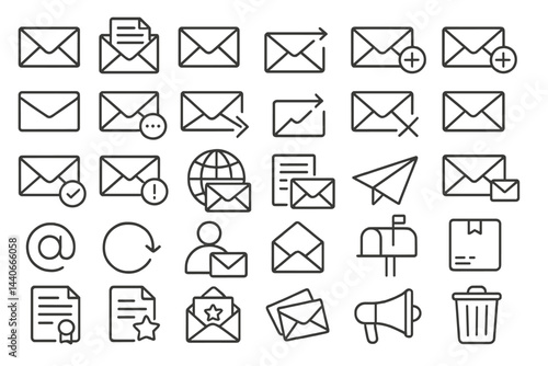 Collection of various envelope and email icons representing communication concepts and digital interaction tools