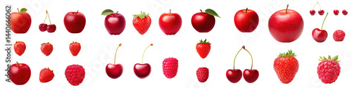 Obraz na płótnie Set of Red Fruits, Apple, Cherry, Strawberry, Raspberry, on White or transparent background w salonie