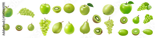 Obraz na płótnie Set of Green Fruits, Green Apple, Kiwi, Grapes, Guava, on White or transparent background w salonie