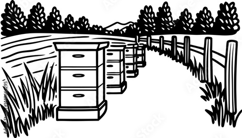 row of beehives in a rural landscape nature, agriculture, trees, and fencing along the countryside