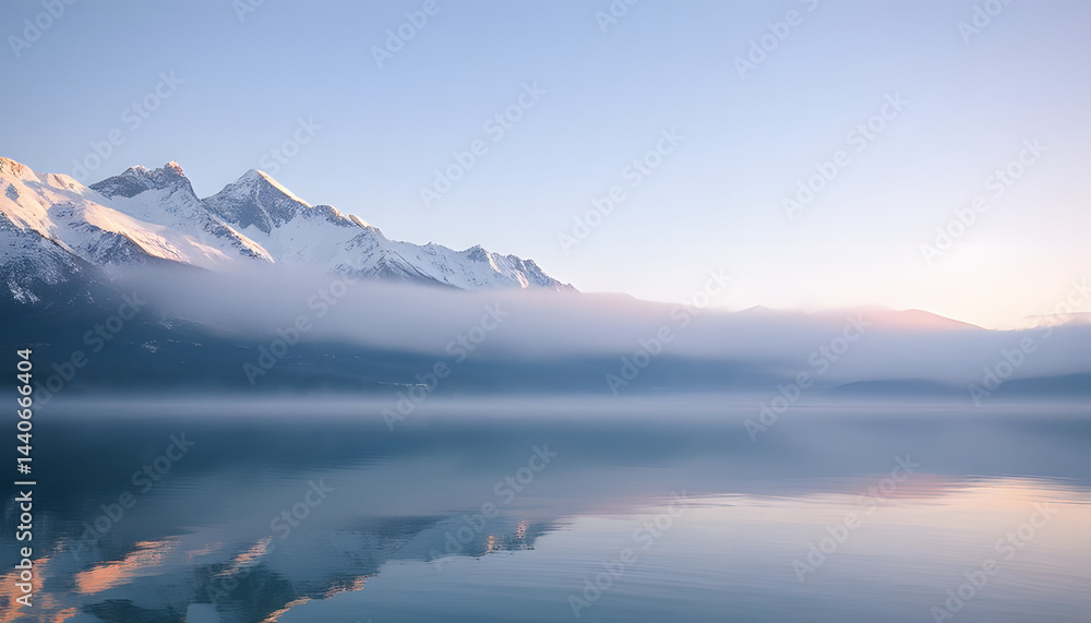 Obraz premium Serene snow-capped mountains reflected in calm misty lake at soft sunrise with peaceful natural atmosphere