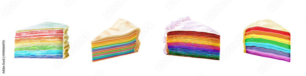 Set of Layered Crepe Cake Slice with Rainbow-Colored Layers, Realistic on White or transparent background