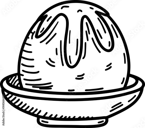 Illustration of ice cream scoop with chocolate sauce in bowl
