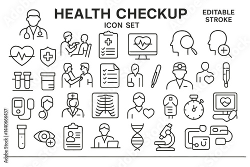 Health checkup icon set showcasing various medical and healthcare symbols for wellness and diagnosis