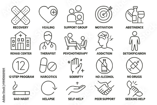 Icons representing concepts of recovery, healing, and support in addiction treatment programs and mental health awareness