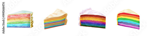 Obraz na płótnie Set of Layered Crepe Cake Slice with Rainbow-Colored Layers, Realistic on White or transparent background w salonie