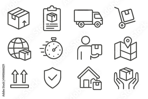 Logistics icons representing delivery process, warehouse management, and shipping efficiency for e-commerce businesses
