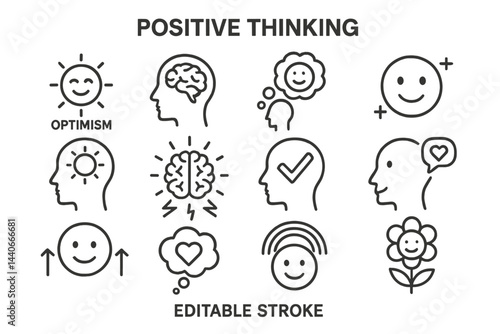 Positive thinking concept illustrated with simple line drawings showing optimism and mindfulness in various expressions and forms