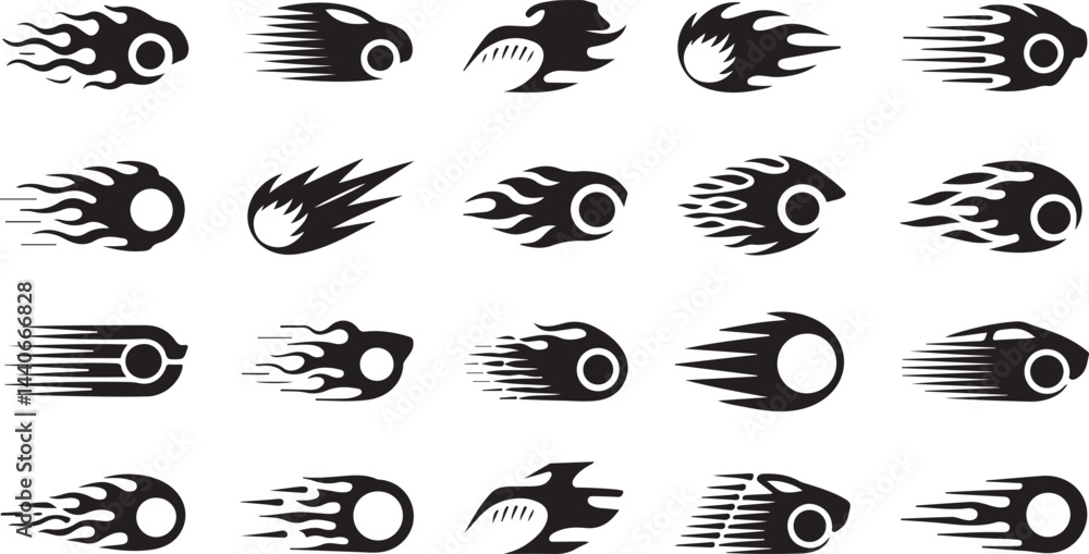 Fototapeta premium Silhouette Collection of Flame and Speed Icons, Perfect for Racing, Fast Movement, and Vehicle Illustrations