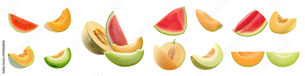 Melon Set Watermelon Slice, Cantaloupe, Honeydew, on White or transparent background