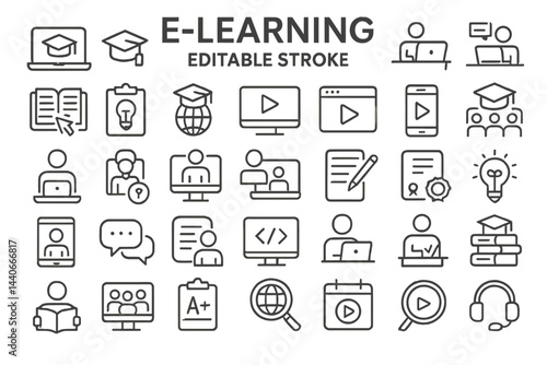 Collection of e-learning icons illustrating education, technology, and online learning concepts in a minimalistic design