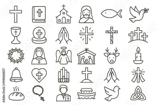 Religious symbols and icons collection illustrating various aspects of faith and spirituality in a minimalist design
