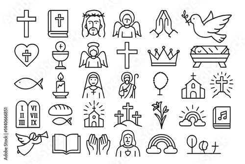 Symbols of faith and spirituality represented in a diverse collection of religious icons and imagery featured against a white background