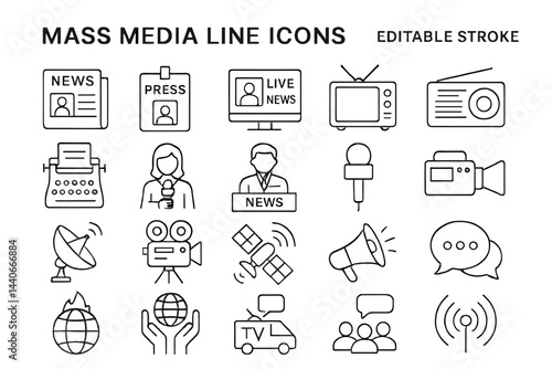 Collection of mass media icons depicting various forms of news, communication, and broadcasting tools